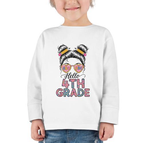 Hello 4th Grade Messy Bun Hair Back To School Girls Graphic Toddler Long Sleeve Tee - Savourry