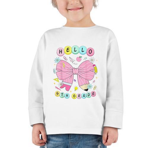 Hello Fifth Grade Coquette Bow 5th Grade Back To School Girl Graphic Toddler Long Sleeve Tee - Savourry