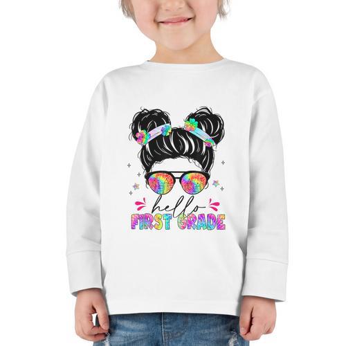 Hello First Grade Shirt Messy Bun Tie Dye Back To School Graphic Toddler Long Sleeve Tee - Savourry