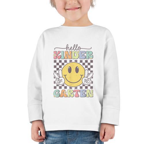 Hello Kindergarten Hippie Smile Face Back To School Graphic Toddler Long Sleeve Tee - Savourry