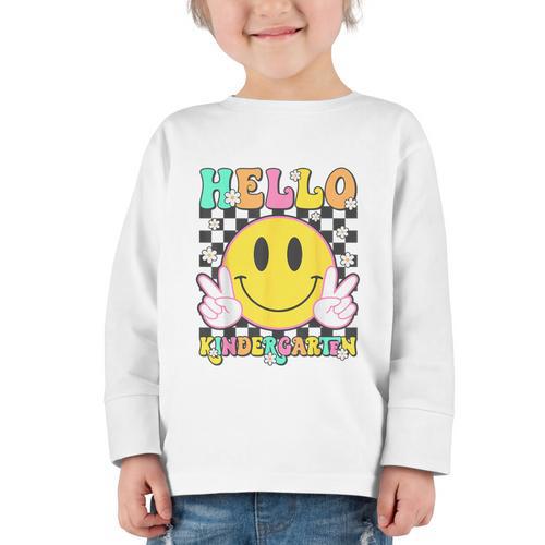 Hello Kindergarten Smile Face Back To School Girl Kid Graphic Toddler Long Sleeve Tee - Savourry