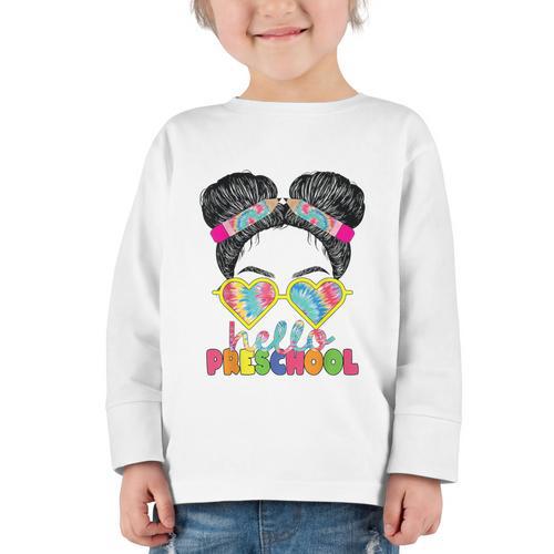 Hello Preschool Messy Bun Tie Dye Back To School Girls Kids Graphic Toddler Long Sleeve Tee - Savourry