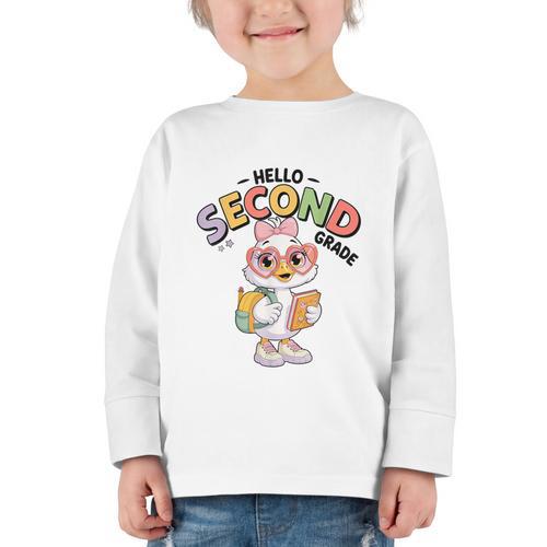 Hello Second Grade Cute Goose Back To School 2nd Grade Girls Graphic Toddler Long Sleeve Tee - Savourry