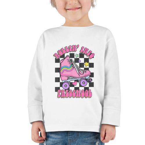 Kids Back To School Skating Rollin Into Preschool Graphic Toddler Long Sleeve Tee - Savourry