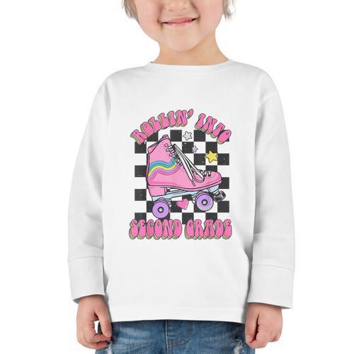Kids Back To School Skating Rollin Into Second 2nd Grade Graphic Toddler Long Sleeve Tee - Savourry