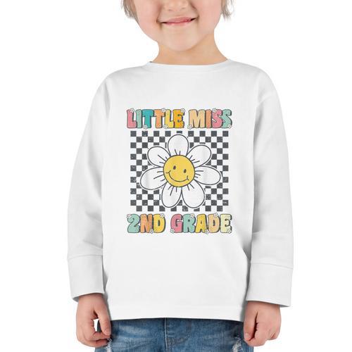 Little Miss 2nd Grade Retro Groovy 2nd Grade Back To School Graphic Toddler Long Sleeve Tee - Savourry