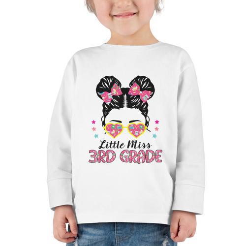 Little Miss 3rd Grade Messy Bun Back To School Graphic Toddler Long Sleeve Tee - Savourry