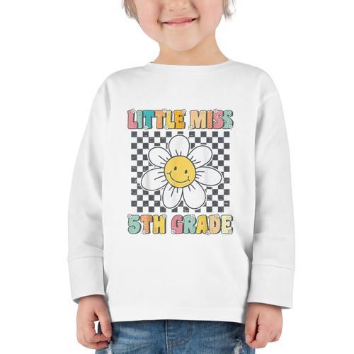 Little Miss 5th Grade Retro Groovy 5th Grade Back To School Graphic Toddler Long Sleeve Tee - Savourry