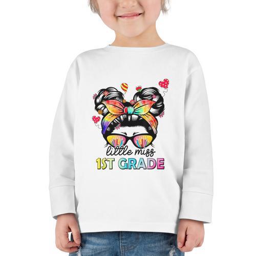 Little Miss First Grade Back To School 1st Grade Girls Graphic Toddler Long Sleeve Tee - Savourry