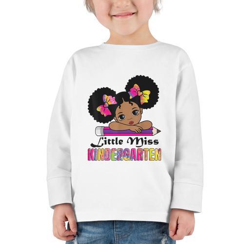 Little Miss Kindergarten Afro Puff Girl Back To School Graphic Toddler Long Sleeve Tee - Savourry