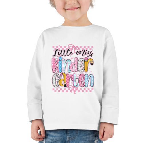Little Miss Kindergarten Back To School Girls Coquette Bow Graphic Toddler Long Sleeve Tee - Savourry