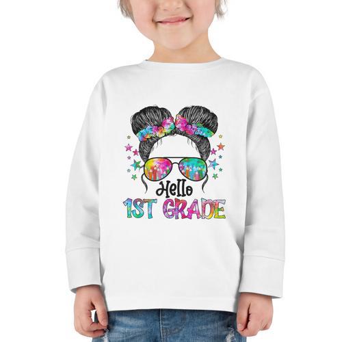 Messy Hair Bun Girl Back To School First Day Hello 1st Grade Graphic Toddler Long Sleeve Tee - Savourry