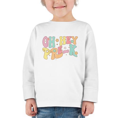 Oh Hey Pre-K Groovy Retro First Day Back To School Graphic Toddler Long Sleeve Tee - Savourry