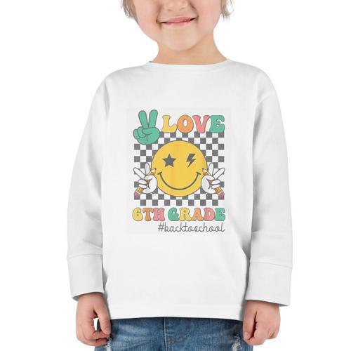 Peace Love 6th Grade Smile Face Back To School Sixth Grade Graphic Toddler Long Sleeve Tee - Savourry