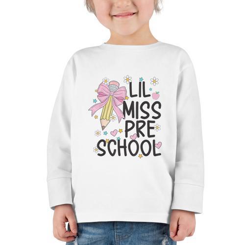 Preschool Little Miss Back To School Girls Kids Preschool Graphic Toddler Long Sleeve Tee - Savourry
