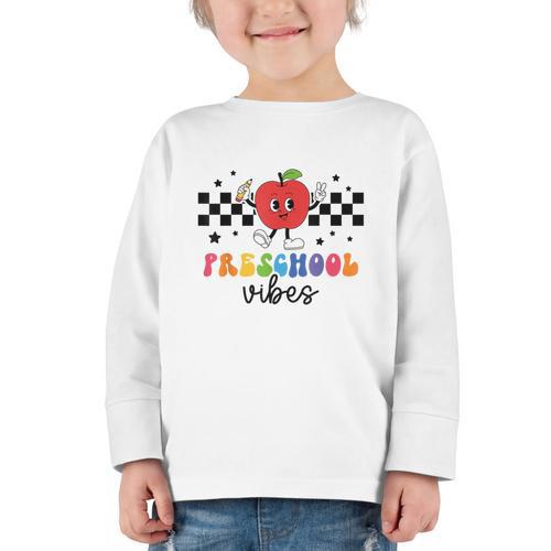 Preschool Vibes Retro Groovy Apple Back To School Graphic Toddler Long Sleeve Tee - Savourry