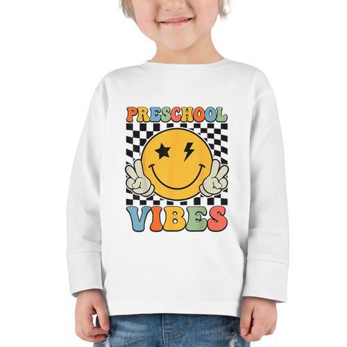 Preschool Vibes Retro Groovy Back To School Pre-K Graphic Toddler Long Sleeve Tee - Savourry