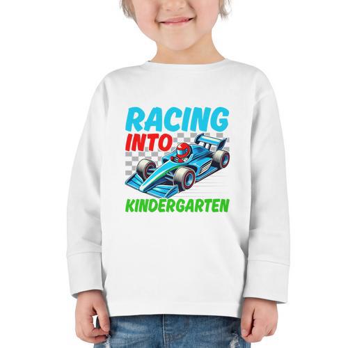 Racing Into Kindergarten Race Car Driver Back To School Performance Graphic Toddler Long Sleeve Tee - Savourry