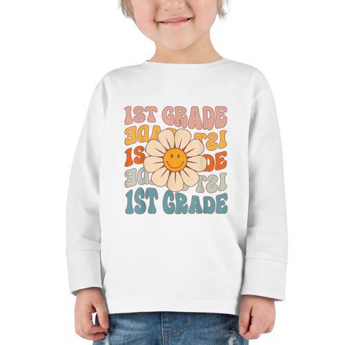 Retro 1st Grade Daisy Colorful Back To School First Grade Graphic Toddler Long Sleeve Tee - Savourry