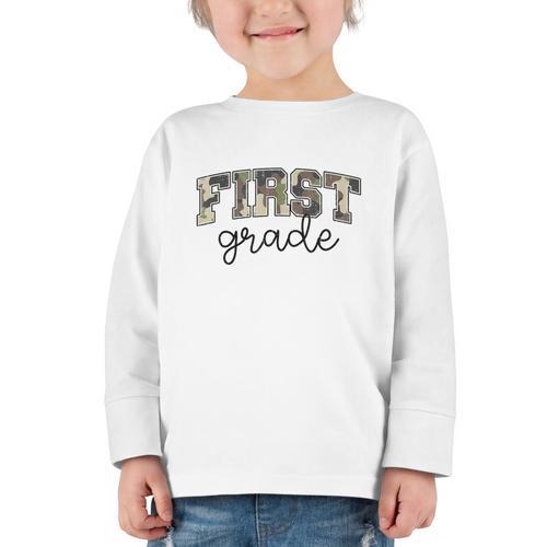 Retro First Grade Old Camo Back To School Boy Girl 1st Grade Graphic Toddler Long Sleeve Tee - Savourry