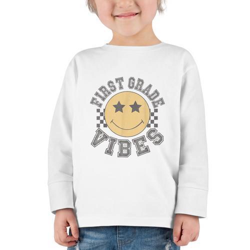 Retro First Grade Vibes Smile Face Back To School 1st Grade Graphic Toddler Long Sleeve Tee - Savourry