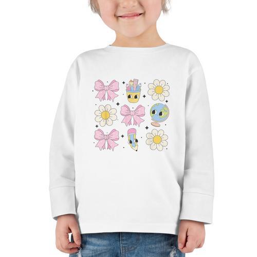 Retro Groovy Back To School Coquette First Day Of School Graphic Toddler Long Sleeve Tee - Savourry