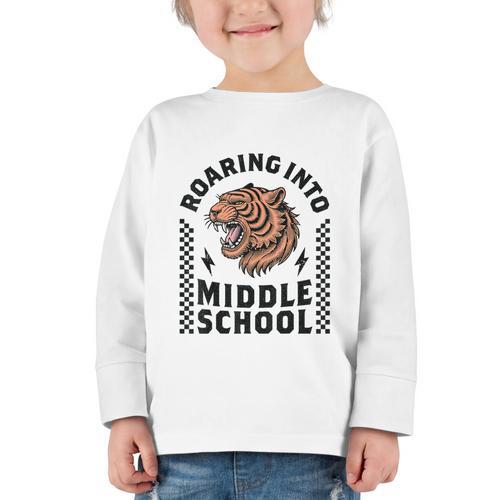 Roaring Into Middle School Tiger Back To School Boy Girl Kid Graphic Toddler Long Sleeve Tee - Savourry