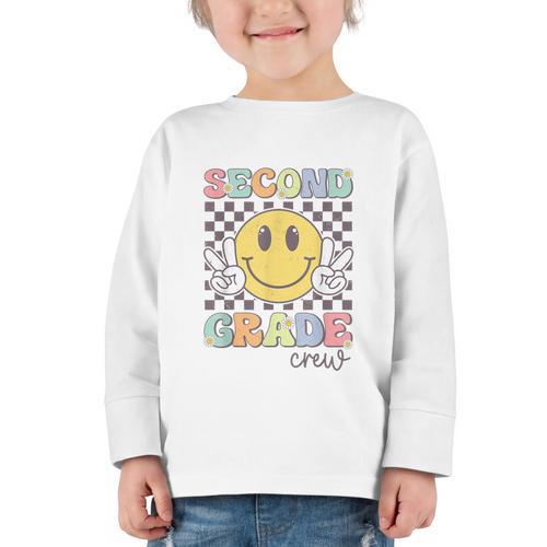 Second Grade Crew Smile Face Back To School 2nd Grade Team Graphic Toddler Long Sleeve Tee - Savourry