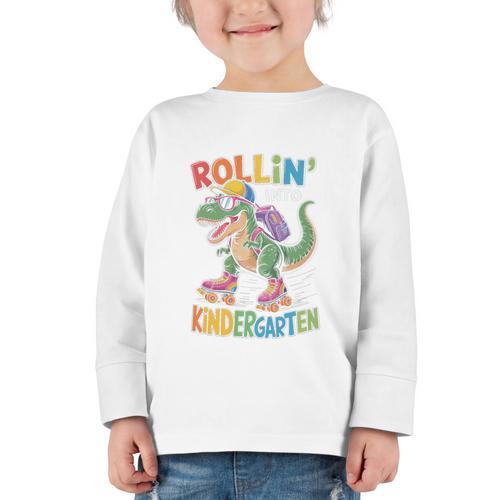 T Rex Rollin Into Kindergarten Back To School First Day Boys Graphic Toddler Long Sleeve Tee - Savourry