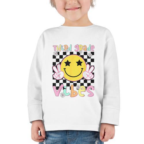 Third Grade Vibes Groovy Smile Face Back To School Girl Kid Graphic Toddler Long Sleeve Tee - Savourry