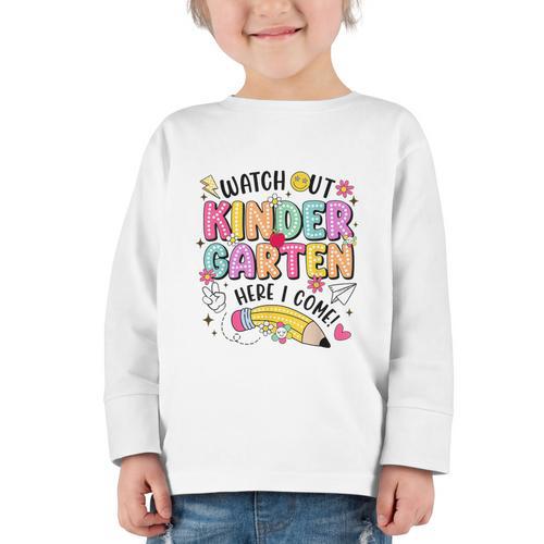 Watch Out KinderGarten Here I Come Shirt Kids Back To School Graphic Toddler Long Sleeve Tee - Savourry