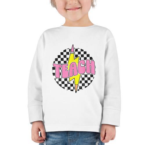 Women Checkered Teach Pencil Lightning Bolt Back To School Graphic Toddler Long Sleeve Tee - Savourry