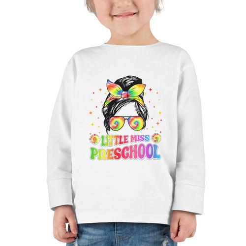 Women's Little Miss Preschool Messy Bun Tie Dye Back To School Girls Graphic Toddler Long Sleeve Tee - Savourry