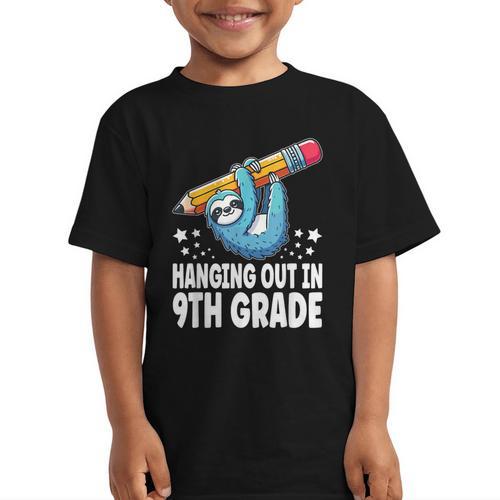 Back To School Ninth Grade Sloth Hanging Out In 9th Grade Graphic Kid T-Shirt - Savourry