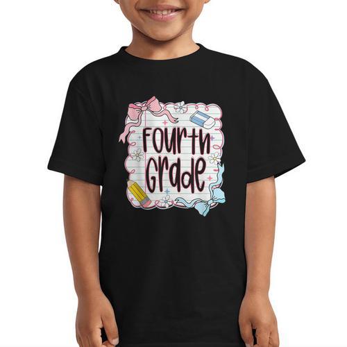 Fourth Grade Back To School For Girls Pink Notebook Graphic Kid T-Shirt - Savourry