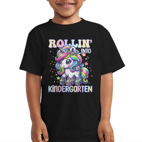 Kindergarten Back To School First Day Girls Rollin Unicorn Graphic Kid T-Shirt - Savourry