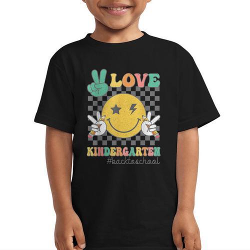 Peace Love Kindergarten Smile Face Hippie Back To School Graphic Kid T-Shirt - Savourry
