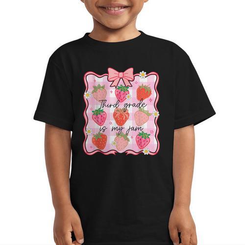 Preppy Back To School 3rd Grade Is My Jam Strawberry Bow Graphic Kid T-Shirt - Savourry