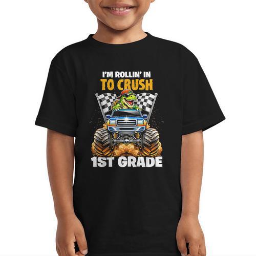 Rollin Crush Dinosaur Monster Truck Back To School 1st Grade Graphic Kid T-Shirt - Savourry
