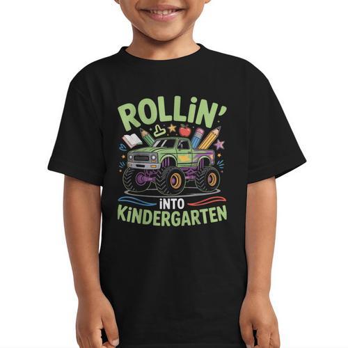 Rollin Into Kindergarten Monster Truck Back To School Graphic Kid T-Shirt - Savourry