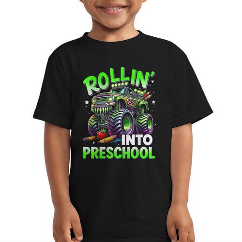 Rollin' Into Preschool Monster Truck Back To School Boys Graphic Kid T-Shirt - Savourry