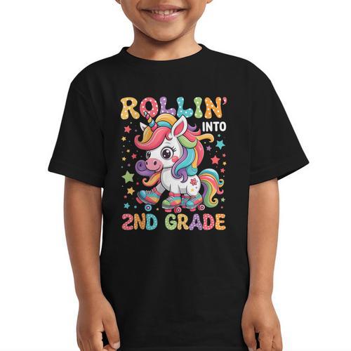 Second Grade Back To School First Day Girls Rollin Unicorn Graphic Kid T-Shirt - Savourry