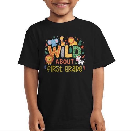 Wild About First Grade Safari Jungle Animals Back To School Graphic Kid T-Shirt - Savourry