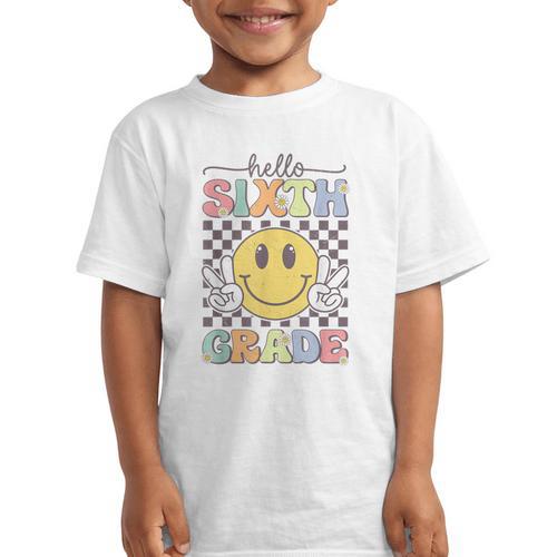 6th Grade Team Back To School Hello Sixth Grade Smile Face Graphic Kid T-Shirt - Savourry