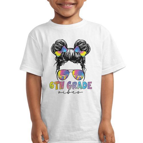 6th Grade Vibes Messy Hair Bun Girl Back To School First Day Graphic Kid T-Shirt - Savourry