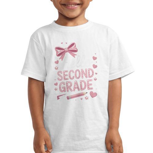 Back To School Cute Pink Coquette Girls Hello Second Grade Graphic Kid T-Shirt - Savourry