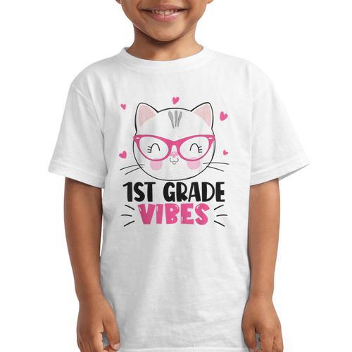 Cute 1st Grade Vibes Cat Kitten Lover Back To School Girls Graphic Kid T-Shirt - Savourry