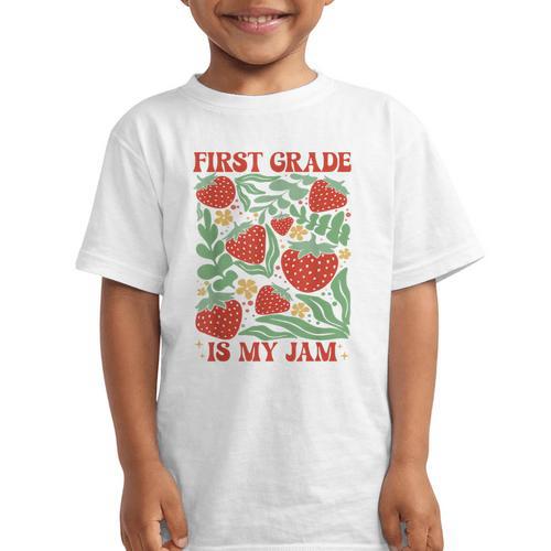 First Grade Is My Jam Boho Floral Strawberry Back To School Graphic Kid T-Shirt - Savourry
