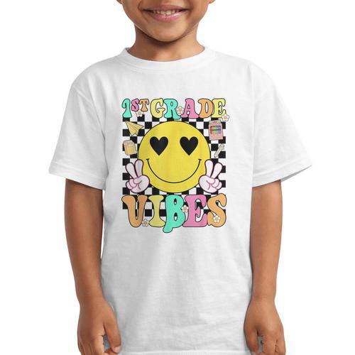 Girls 1st Grade Vibes Smile Face Back To School First Grade Graphic Kid T-Shirt - Savourry
