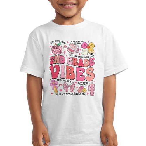 Girls 2nd Grade Vibes Coquette Pink Bow Back To School Graphic Kid T-Shirt - Savourry